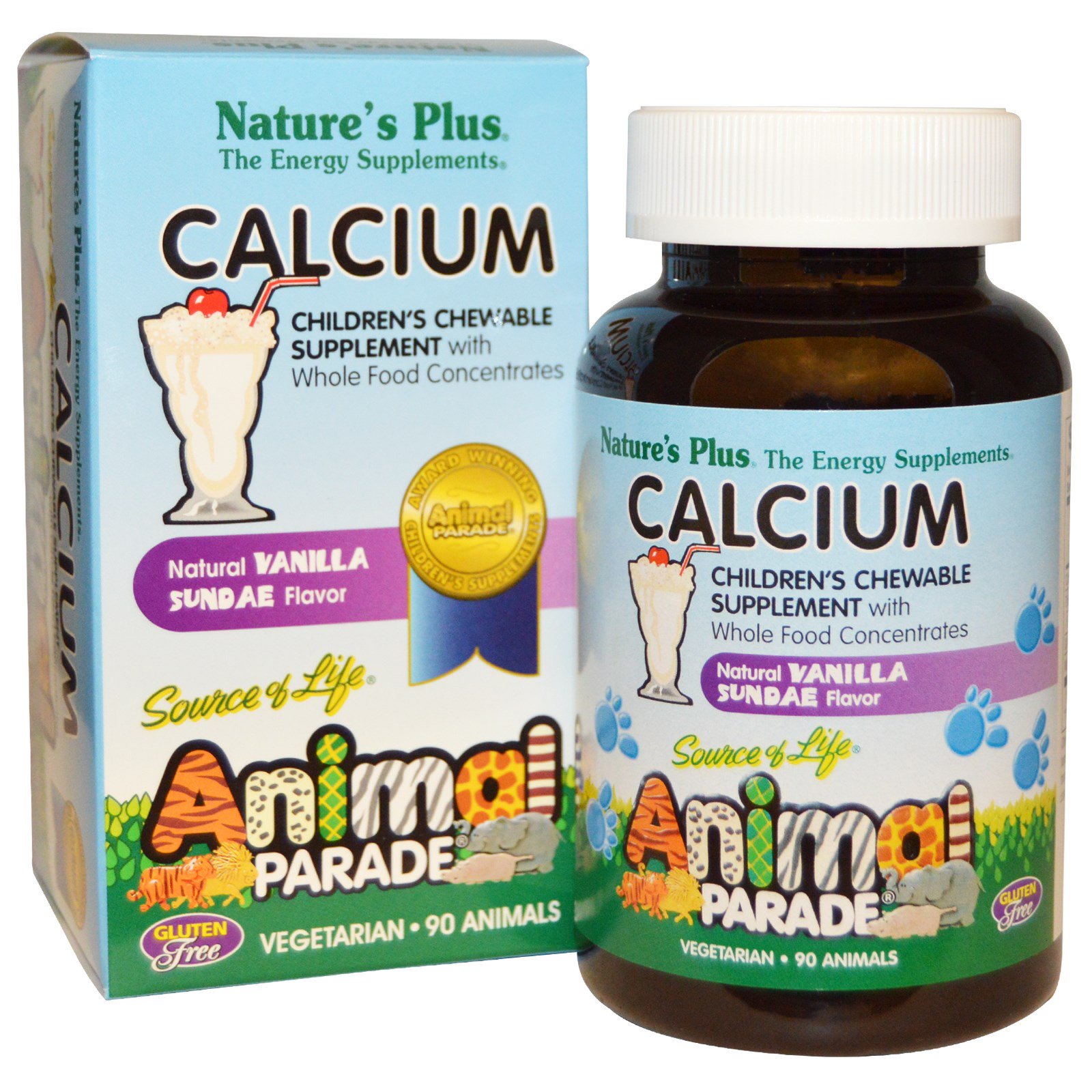 Image of Calcium, Children&apos;s Chewable Supplement, Natural Vanilla Sundae Flavor (90 Animals) - Nature&apos;s Plus 0097467299962