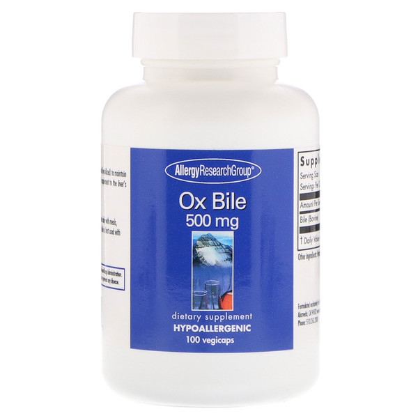 Image of Ox Bile 500 mg 100 Vegetarian Capsules - Allergy Research Group 0713947708501