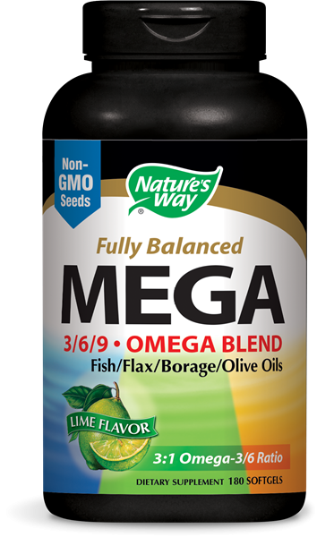 Image of Nature&apos;s Way, Mega 3/6/9, Omega Blend, Lime Flavor, 1350 mg, 180 Softgels 0033674154410