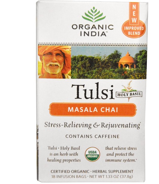 Image of Tulsi Santo basilico tè, Masala Chai, 18 sacche di infusione (37,8 g) - Organic India 0801541080134